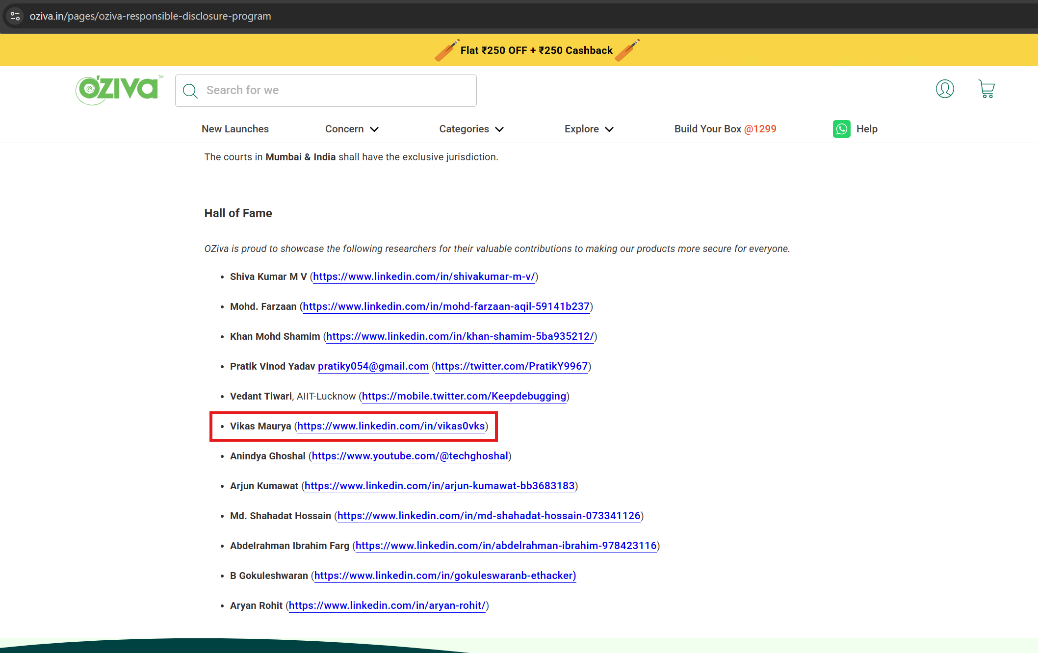 OZiva Responsible Disclosure Hall of Fame showing Vikas Maurya highlighted